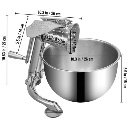 VEVOR - Rallador rotatorio de queso, mandolina rotativa de aleación de zinc, mandolina de queso manual con 5 conos de corte de acero inoxidable, rallador manual de verduras con tazón de 2,5 L, trituradora rotativa con base de succión