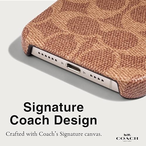 Coach Signature - Funda Delgada de Lona para iPhone 15/14/13, Compatible con Carga inalámbrica, Color café