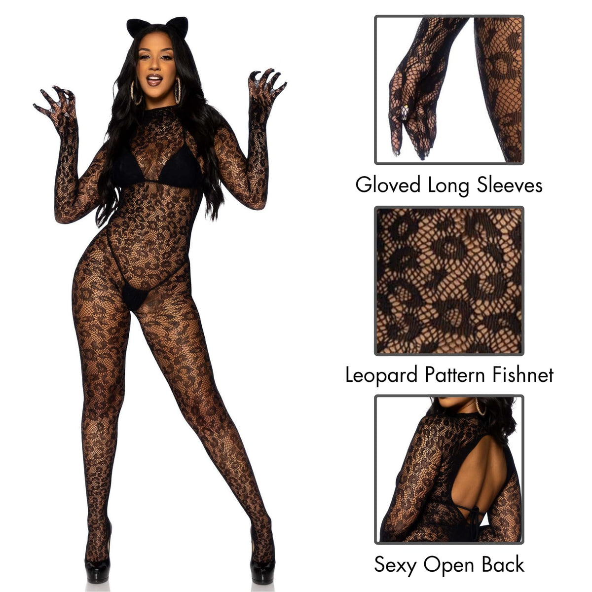 Leg Avenue - Traje de gato estándar sin costuras de leopardo para mujer, color negro, talla única