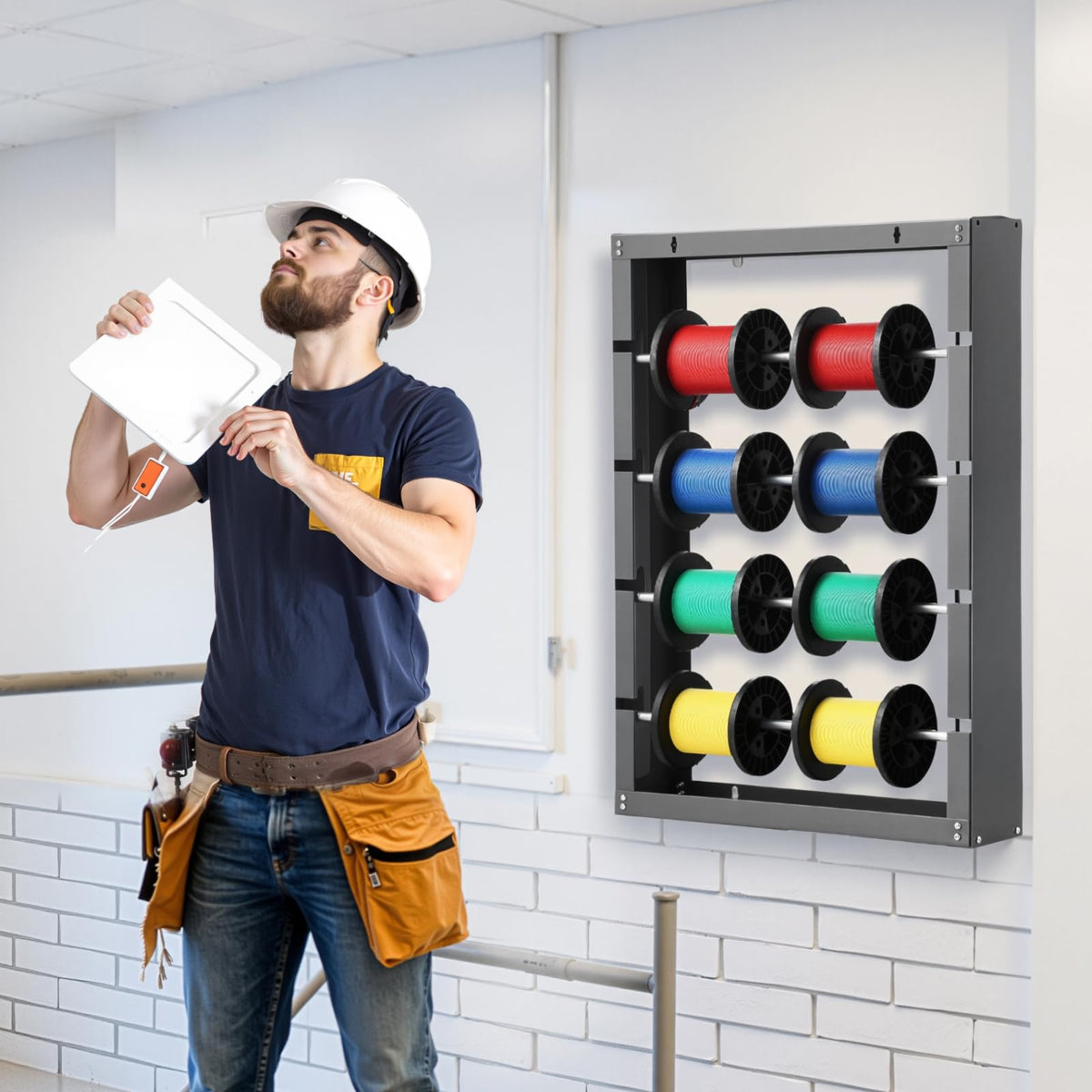 VEVOR - Estante de carrete de alambre, 4 varillas ajustables, soporte de carrete de alambre de acero laminado en frío, montado en la pared para múltiples temas, almacenamiento de cableado, dispensador
