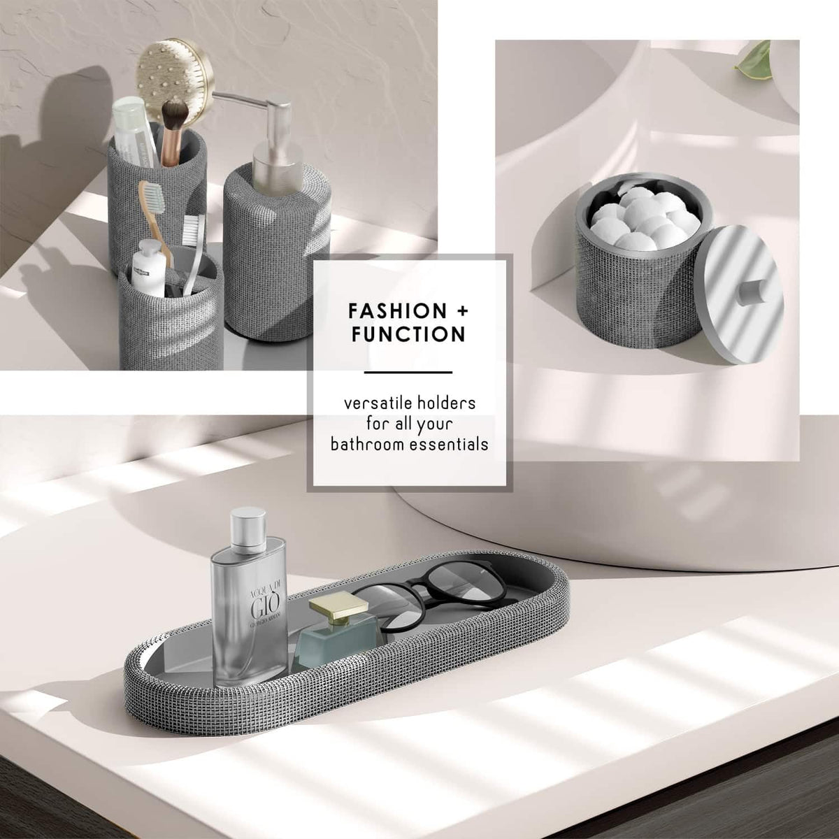 Clara Clark - Juego de Accesorios de baño Gris, Juego de Accesorios de baño de 5 Piezas, Juegos de baño con dispensador de jabón, Soporte para Cepillo para Polvo de Dientes, Vaso, Tarro de hisopo de