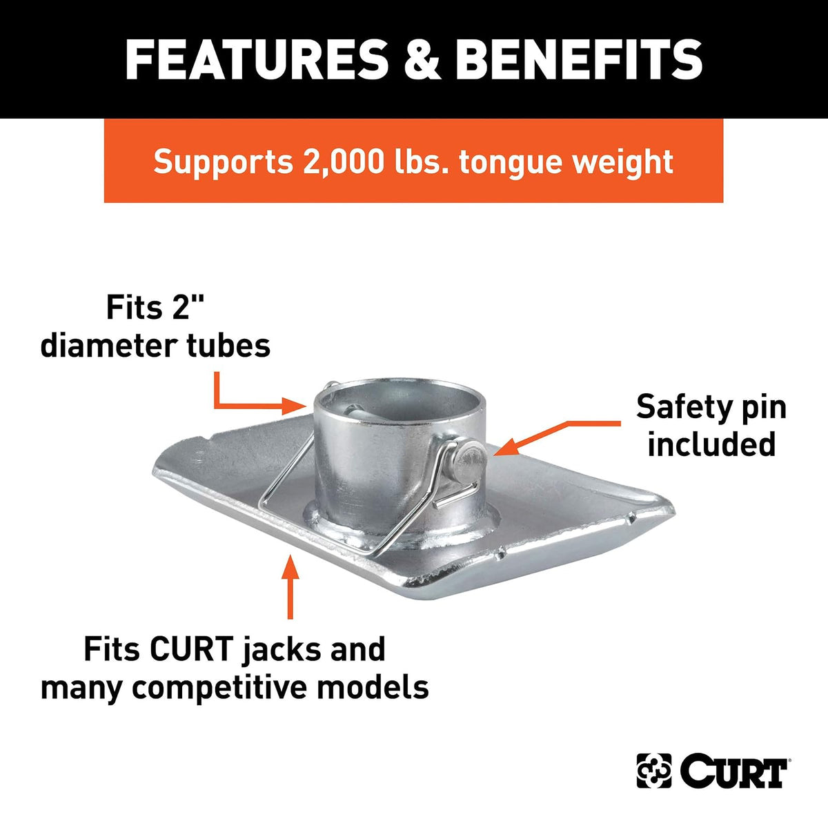 CURT Pie de Gato para Remolque 28272 para Tubos de 2 in de Diámetro, 2000 LB, Zinc Transparente