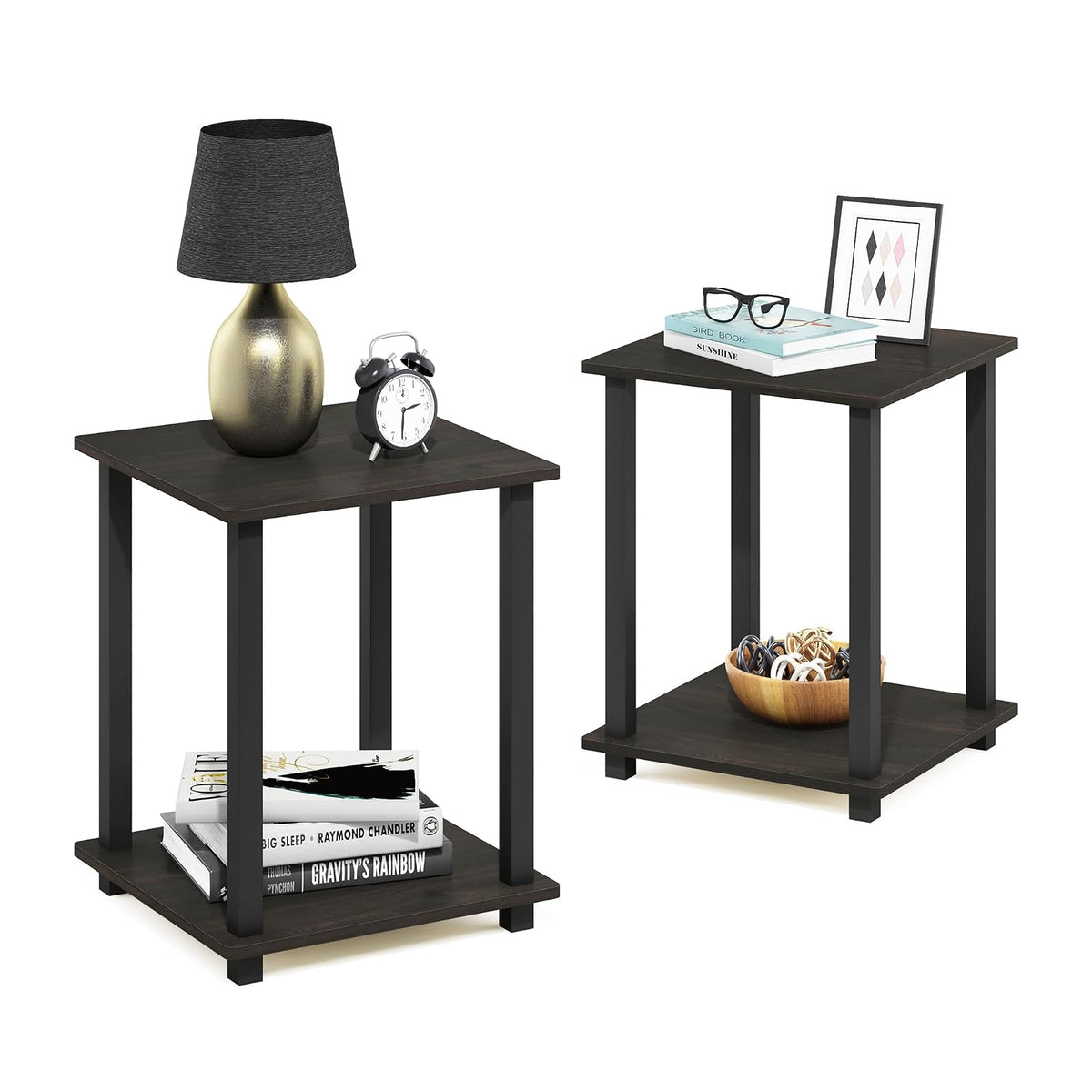 Furinno Simplistic Mesa Auxiliar de 2 Niveles, Set de 2 Piezas - Espresso - Black - 15.6 inches x 15.6 inches x 19.6 inches