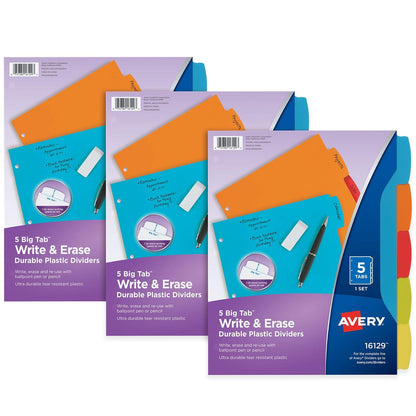 Avery Big Tab Divisores de Plástico Escribe y Borra para Carpeta, Multicolor - 5 pestañas - 3 lotes