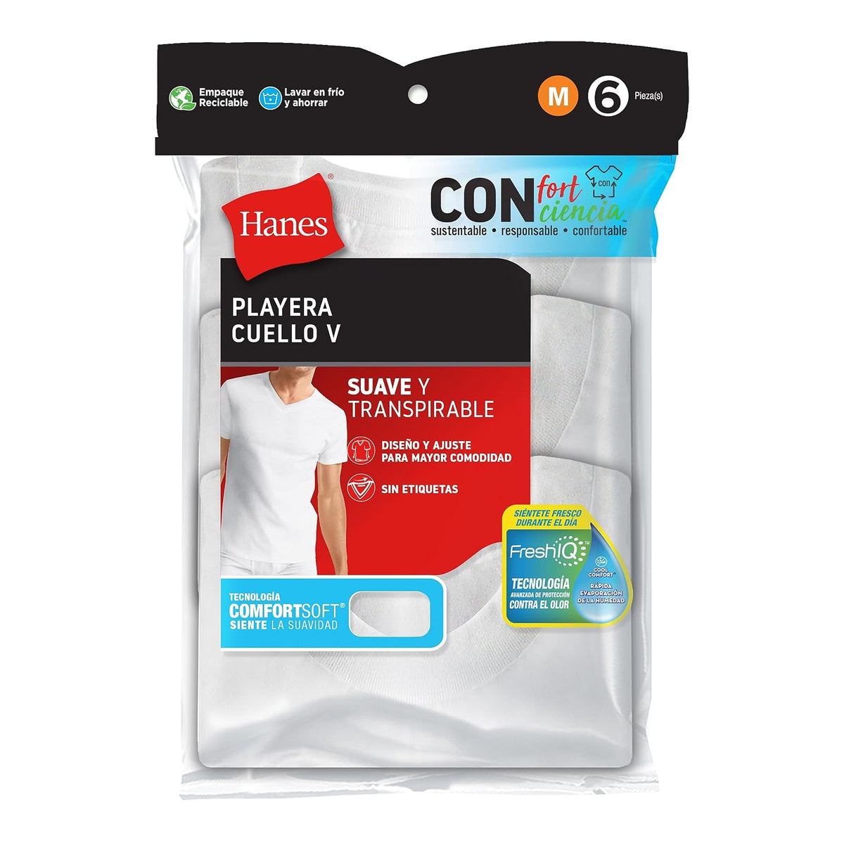 Hanes Ropa Interior Caballero Paquete 6 Piezas Playera Cuello V con Doble tecnología