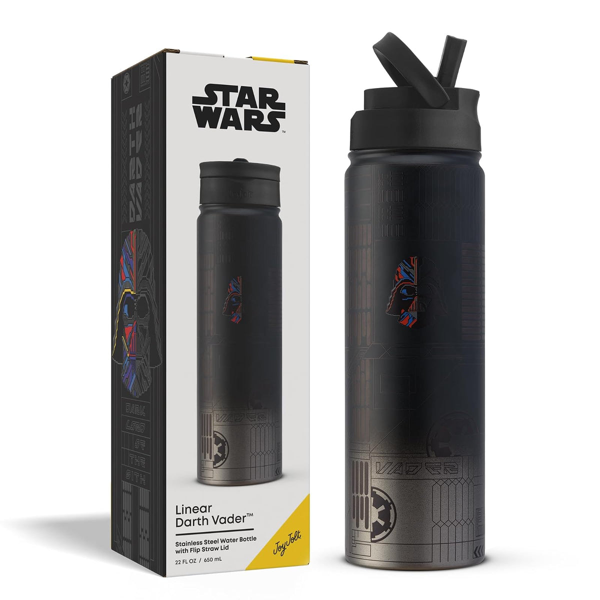 JoyJolt Star Wars - Botella de agua de acero inoxidable de Darth Vader con tapa abatible con popote, botella de agua aislada al aspiradora de 22 onzas, vaso sin BPA para deportes y viajes, regalos de