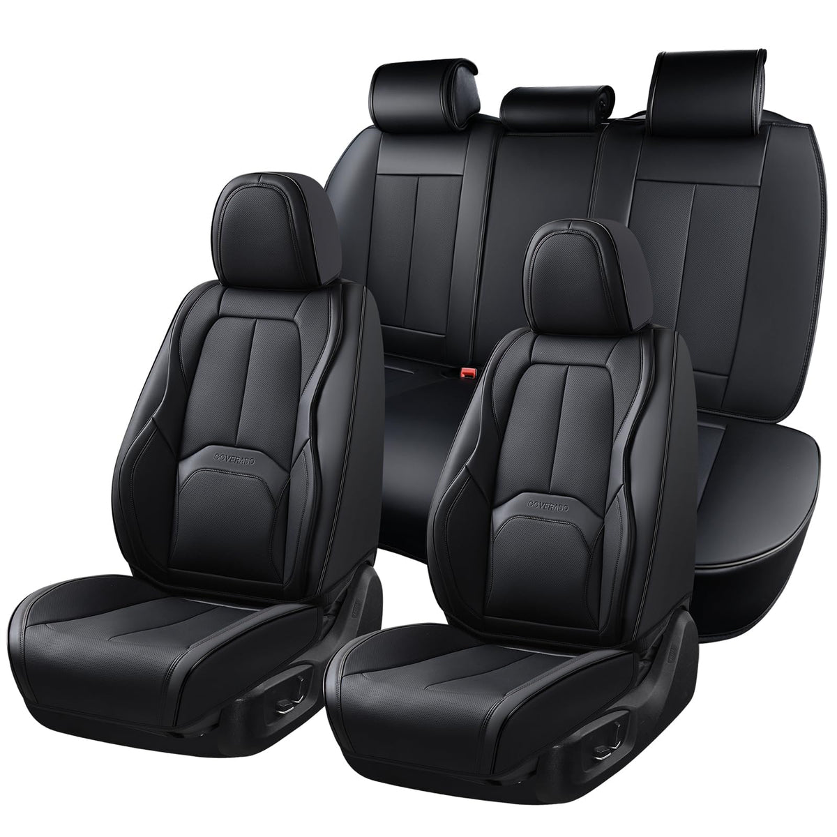 Coverado Juego Completo de Fundas de Asiento de Piel Napa Negro, Impermeables con Soporte Lumbar, Ajuste Universal