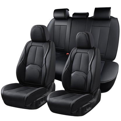 Coverado Juego Completo de Fundas de Asiento de Piel Napa Negro, Impermeables con Soporte Lumbar, Ajuste Universal