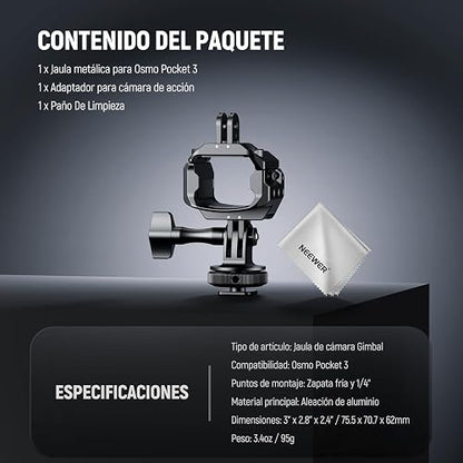 NEEWER Pocket 3 Cage compatible con DJI Osmo Pocket 3 y Creator Combo Accesorios, plataforma de extensión de grabación de video cardán con adaptador de cámara de acción, roscas de 1/4 pulgadas, zapato