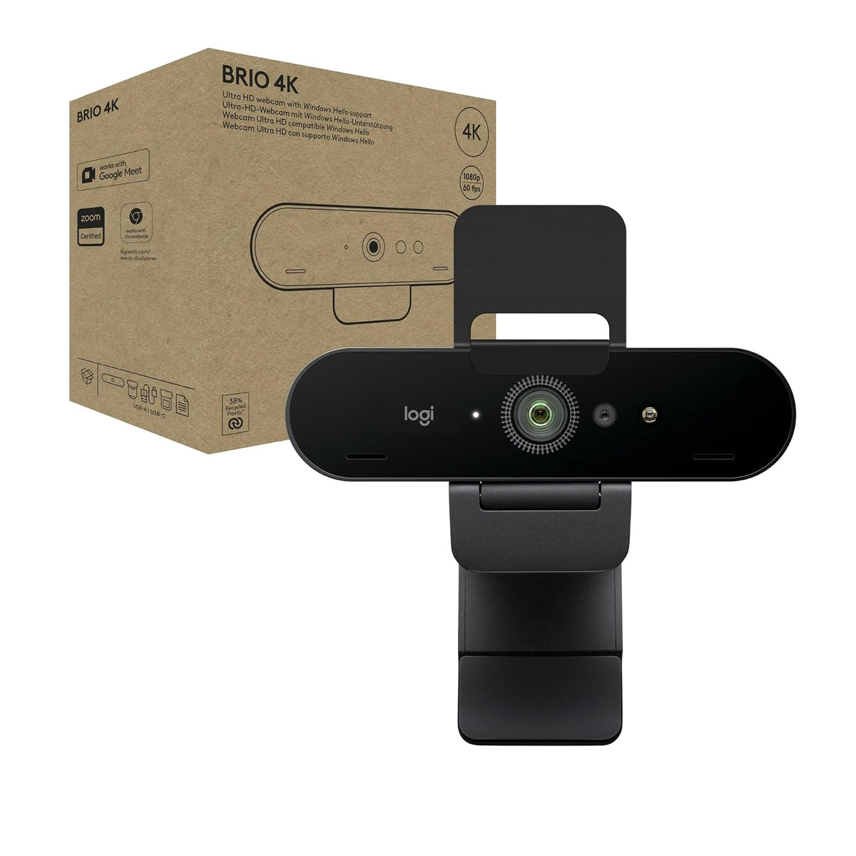 Logitech Brio 4K HDR Webcam 4k para PC Ultra HD con Enfoque Automático, Zoom Digital 5X, RightLight™ 3, Micrófonos Estéreo, USB-A, Color Grafito