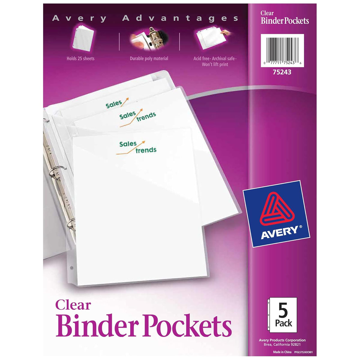 Avery 75296 - Bolsillos para archivadores, transparente, 8,5 x 28 cm, sin ácidos, duraderos, 5 bolsillos, 3 paquetes