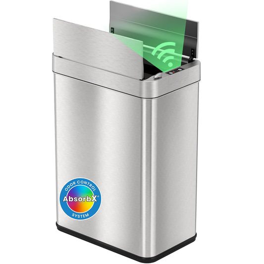 iTouchless - Cubo de basura con sensor abierto de 49.2 l, con filtro de olor AbsorbX y tapa a prueba de mascotas, acero inoxidable, la basura automática sin contacto evita que los perros y gatos entren en cubos de basura de cocina