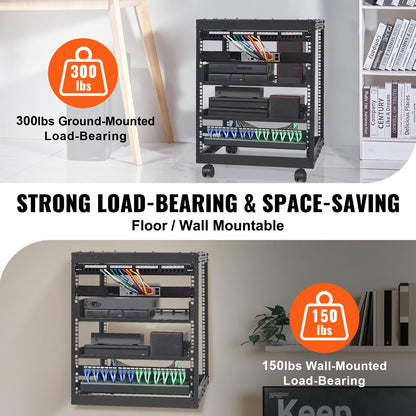 VEVOR Bastidor de Servidor de Marco Abierto de 12 U de Profundidad Ajustable de 584,2 a 1016 mm, Bastidor de Servidor de Red con Ruedas de 360° y 4 Postes para Equipos de Red, Equipos AV, Enrutador