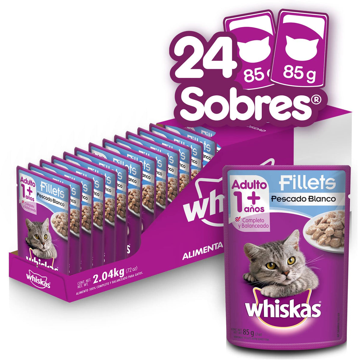 Whiskas Alimento Húmedo para Gatos, Sabor Filete Pescado Blanco, 85g c/u. Paquete de 24 Unidades + Alimento Húmedo para Gatos, Sabor Filetes De Pavo 85g c/u. Paquete de 24 Unidades