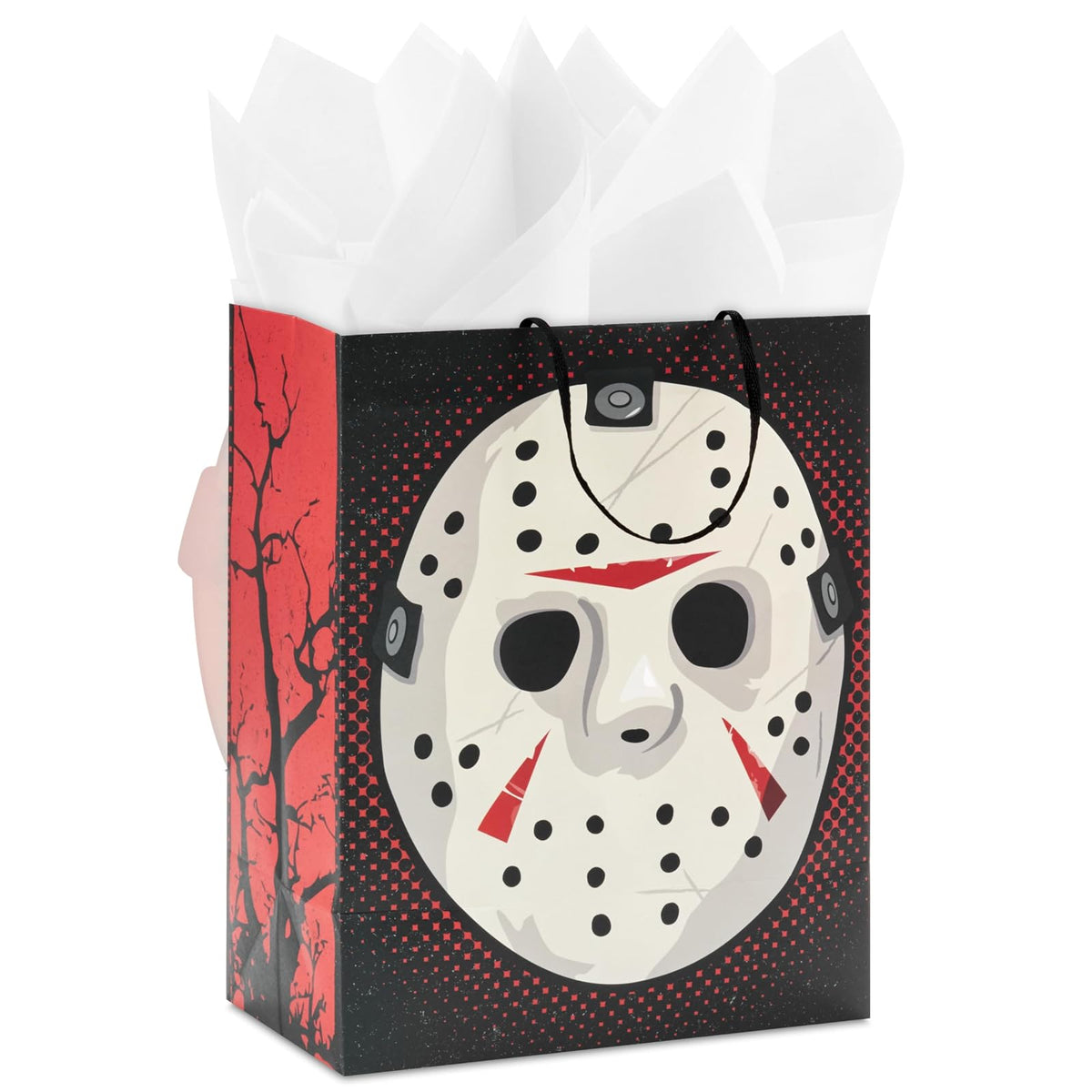 Hallmark - Bolsa de regalo de Halloween Friday the 13th con papel de seda y tarjeta de felicitación (máscara Jason, al campamento Crystal Lake)