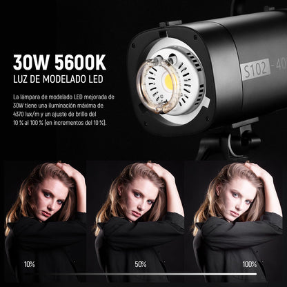 NEEWER S102-400W Pro Fash Luz Strobe con Disparador 2.4G, 400Ws GN62 5600K con 30W Lámpara de Modelar LED Reflector Montaje Bowens Modo S1/S2 Ventilador para Fotografía Productos,Compatible con QPRO
