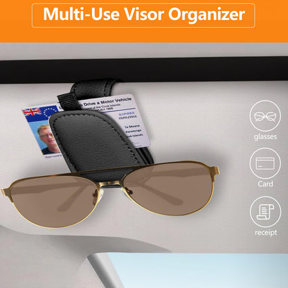 Tecfino - Soporte de anteojos de sol para visera de automóvil, paquete de 2 clips magnéticos de piel para visera de automóvil, soporte para anteojos de automóvil y clip para tarjeta de boletos, soporte para anteojos para accesorios de visera de automóvil (negro)