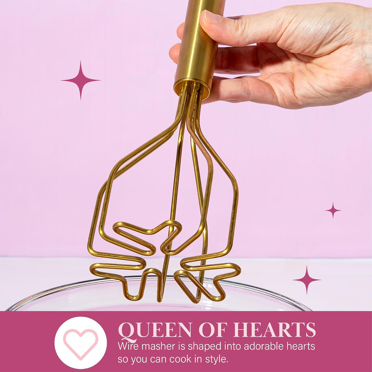 Paris Hilton - Triturador de patatas de acero inoxidable duradero con diseño de alambre en forma de corazón, apto para lavaplatos, rosa
