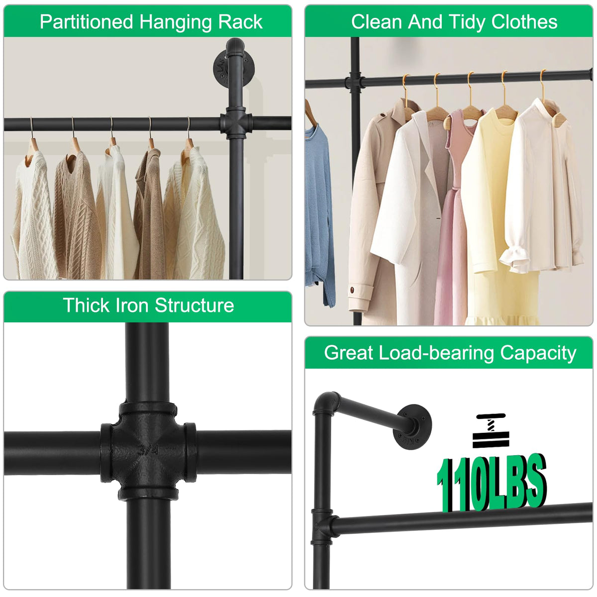 FAHKNS Perchero Industrial con 3 Varillas Colgantes | Soporte pared, tubo grueso, carga 200 lb, recámara, lavadero, clóset