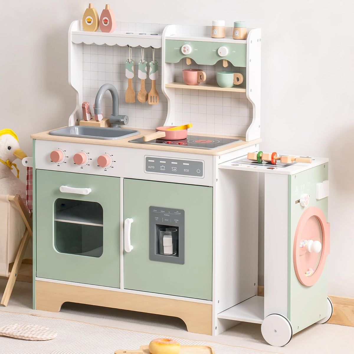 ROBUD Juego de Cocina de Madera para niños pequeños, Juego de Cocina con Parrilla para Barbacoa, máquina de Hielo, máquina de café y Accesorios, Regalo de Cocina de Juguete con Luces y Sonidos para