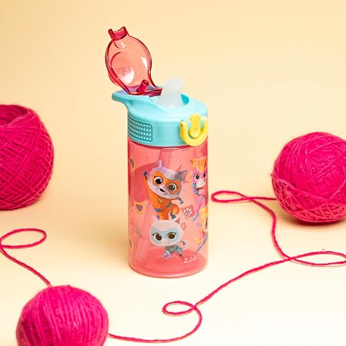 Zak Designs Disney SuperKitties - Botella de agua para niños de salvia para la escuela o los viajes, botella de agua de plástico duradera de 16 onzas con popote, mango y a prueba de fugas, cubierta de