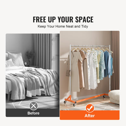 VEVOR Perchero Burro para Ropa en Z 60 x 159 x 180 cm Perchero Resistente con 4 Ruedas, Acero Inoxidable, Capacidad de 80 kg, Perchero Comercial con Base en Forma de Z con 2 Ganchos, Color Naranja