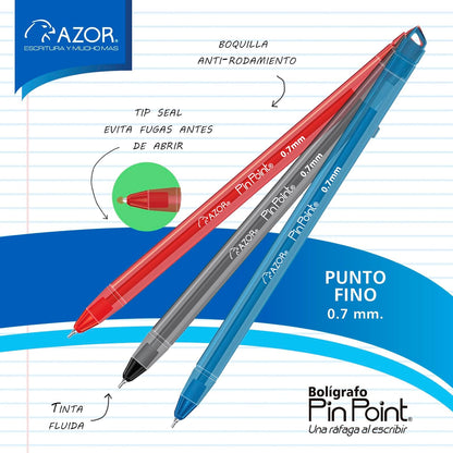 Azor Bolígrafo Punto Fino .7mm 36 Piezas PinPoint Colores Negro(18pz), Azul(12pz) y Rojo(6pz) 301.6810BCS