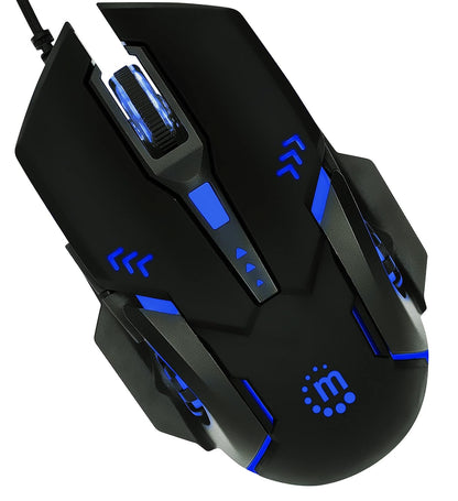 Manhattan 179256 Mouse Óptico Gaming, conexión por Cable USB-A, con Seis Botones Incluyendo botón dpi, diseño ambidiestro para Jugadores Zurdos y diestros, iluminación LED de Colores, Color Negro