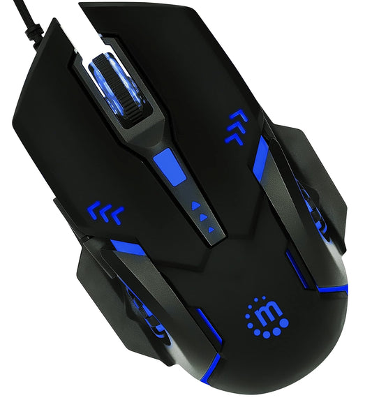 Manhattan 179256 Mouse Óptico Gaming, conexión por Cable USB-A, con Seis Botones Incluyendo botón dpi, diseño ambidiestro para Jugadores Zurdos y diestros, iluminación LED de Colores, Color Negro