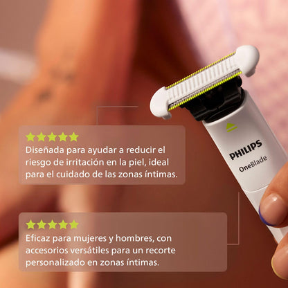 Philips OneBlade Intimate Afeitadora y Recortadora para Zonas Íntimas | Mayor protección en áreas sensibles | Mujer | 2 cuchillas SkinProtect + Peine Corporal | Zonas íntimas y axilas | QP1924/50