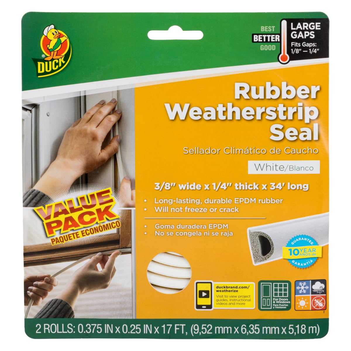 Duck Brand 282434 - Sello autoadhesivo resistente para grandes huecos, 3/8 pulgadas de ancho x 1/4 pulgadas de grosor x 17 pies de largo, 2 sellos, blanco