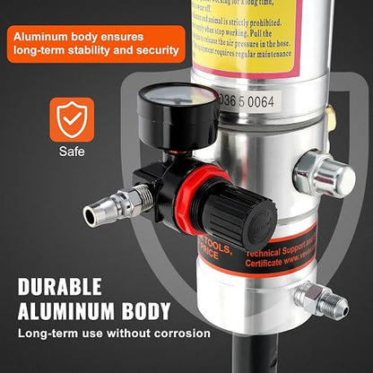 VEVOR Bomba de Grasa Neumática de Alta Presión, Relación de Presión 50:1 Bomba de Cubo Neumática con Manguera de 4 m y Pistola de Grasa, 125 x 115 x 680 mm, 0,6-0,8 MPa, -20 ℃ a 100 ℃, Negro
