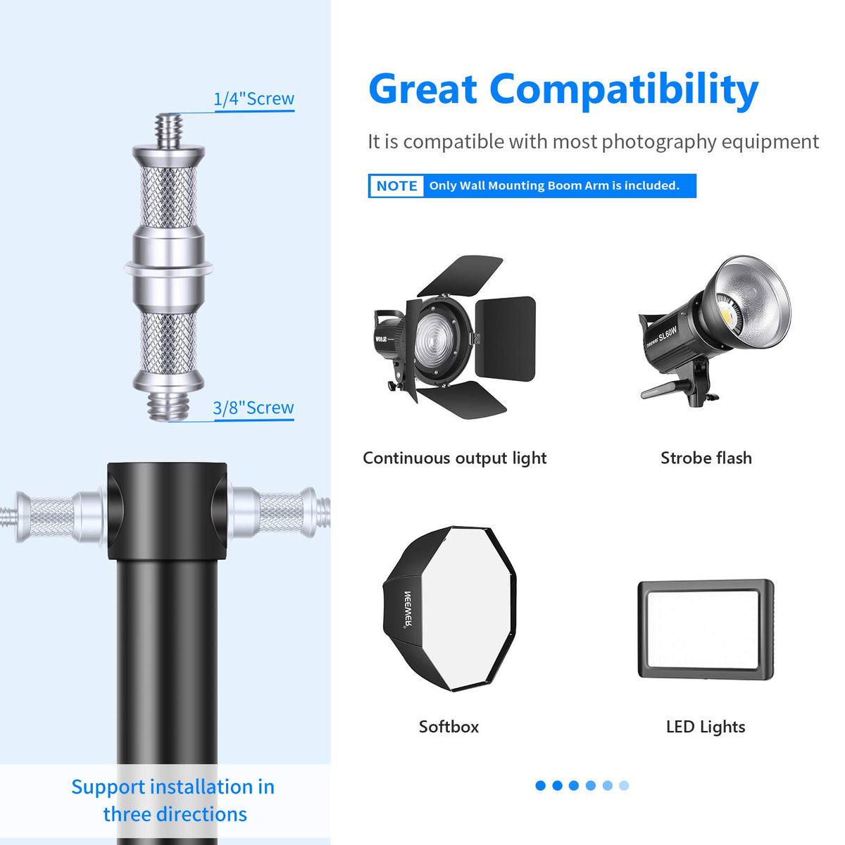 NEEWER Wall Mounting Triangle Boom Arm para Luz de Anillo & Fotografia Gear | Para Monolight, Softbox, Reflector, Sombrilla, y Strobe Luz, Support 180 Degree Rotation, Max Length 4.3 Ft/130cm (Negro)