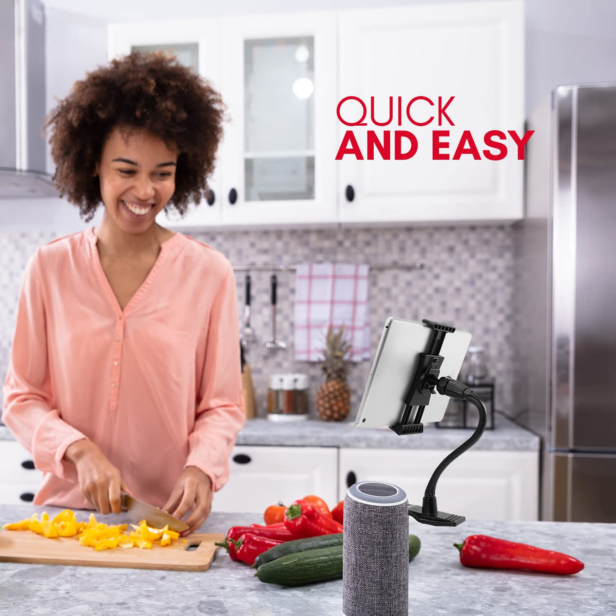 Macally Flexible y Ajustable Cuello de Cisne Clip en computadora o Mesa de Cocina Soporte para Soporte de Abrazadera para iPad Air, Montaje en Clip | Negro, Negro