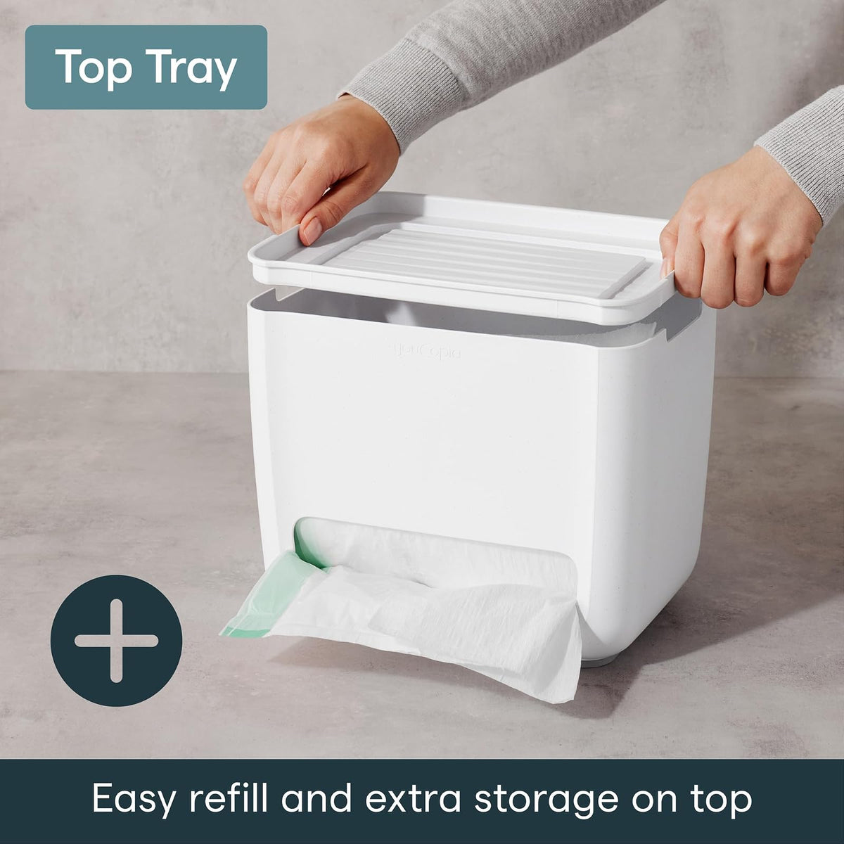 YouCopia SinkSuite - Dispensador de bolsas de basura, organizador de bolsas de basura de pie con tapa extraíble y cuna para almacenamiento, color blanco moteado
