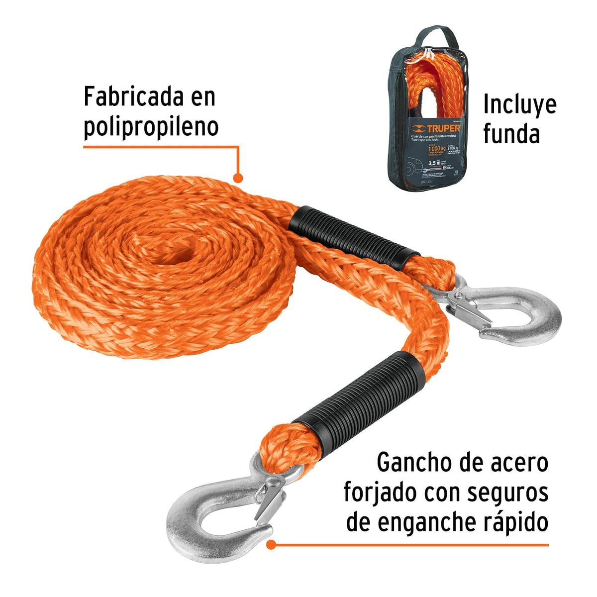 Truper CREM-5/8X35, Cuerda para remolque con ganchos, 5/8" x 3.5m