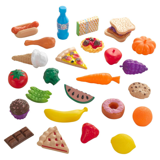 KidKraft 63509 Surtido de comida de juguete con 30 piezas de alimentos, juego de imitación para niños con accesorios incluidos, Multicolor