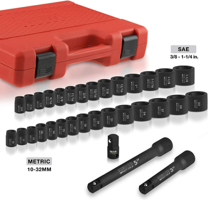 Neiko 02447A - Juego de llaves de impacto maestro de 1/2", surtido de 32 piezas de enchufes poco profundos | SAE estándar (3/8 pulgadas a 1-1/4 pulgadas) y métrico (10-32 mm) | Acero Cr-V