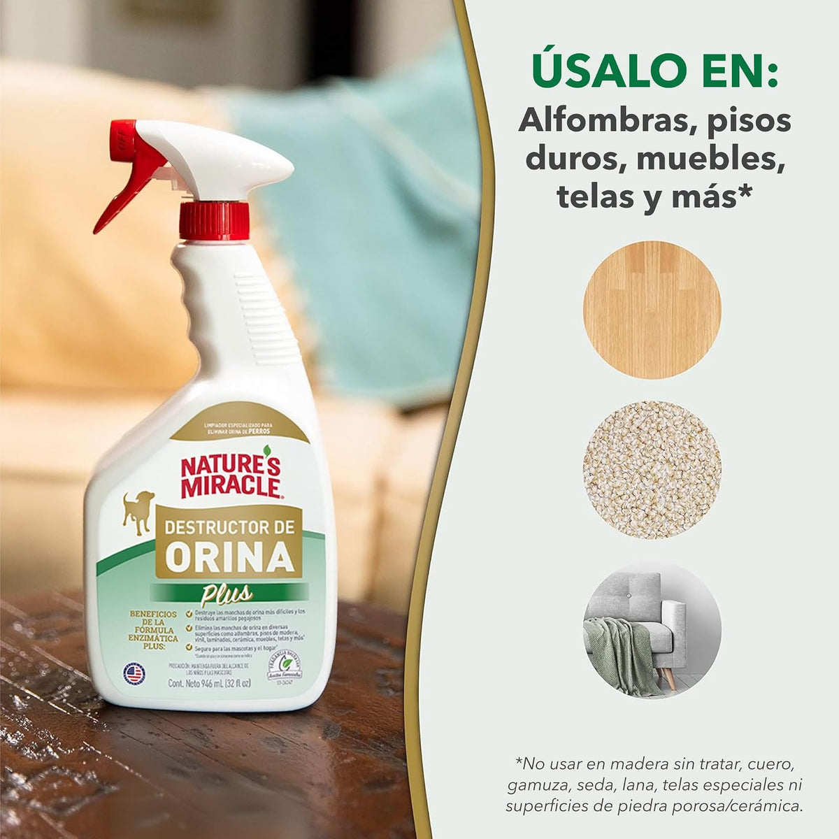 Nature's Miracle Destructor enzimático de orina y manchas para perro 946 ml
