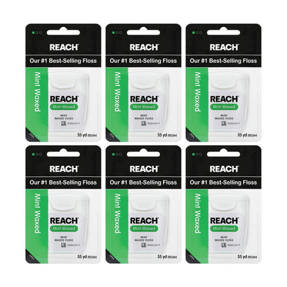 Reach Waxed Dental Floss for Plaque and Food Removal, Refreshing Mint Flavor, 55 Yards, Pack of 6