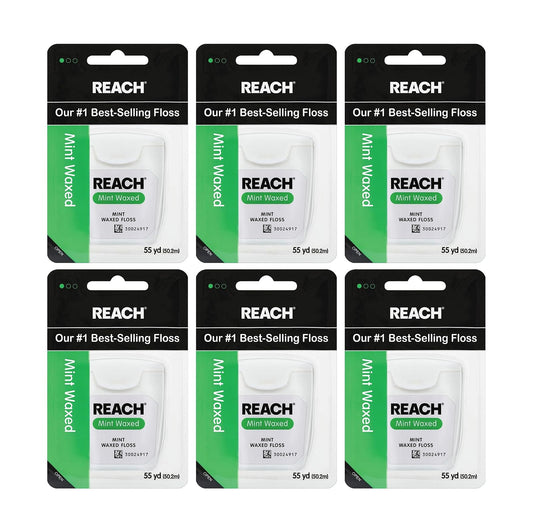 Reach Waxed Dental Floss for Plaque and Food Removal, Refreshing Mint Flavor, 55 Yards, Pack of 6