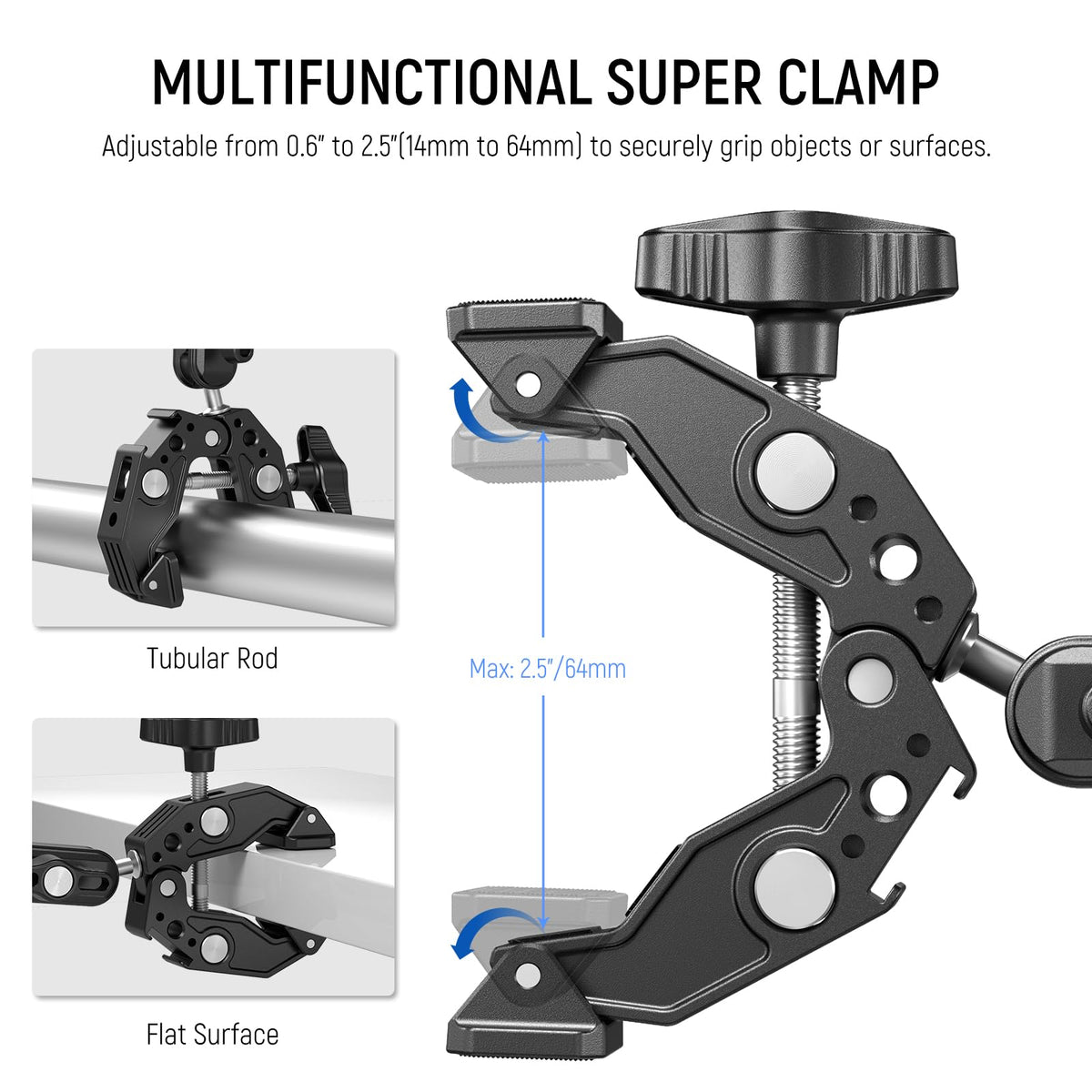 NEEWER Doble Super Clamp Abrazadera con Magic Arm de Doble Cabeza de Bola, 1/4" ARRI Soporte de Luz LED para Cámara de Acción para Varilla Escritorio Accesorio Compatible con SmallRig GoPro Dji, UA036