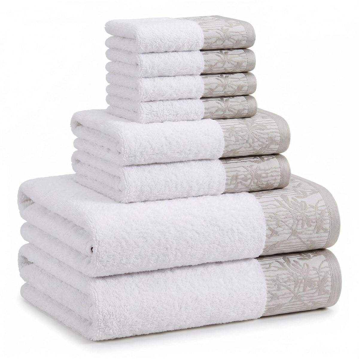 Superior Juego de Toallas de algodón de 8 Piezas, Borde Floral Jacquard Dobby, Secado rápido, baño Decorativo, Ducha, baño, Incluye 2 cuerpos, 2 Manos, 4 Toallas de Rostro, colección Wisteria, Blanco