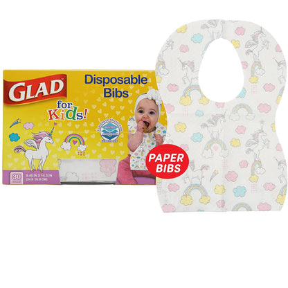 Glad for Kids - Baberos desechables de papel de unicornio con recogedor de migas para alimentar, absorbentes y a prueba de fugas, artículos imprescindibles para comidas sin desorden, 30 unidades