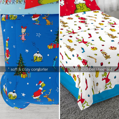 Grinch de Dr. Seuss Ropa de Cama de Vacaciones y Navidad Supersuave, Juego de Edredón y Sábanas con Funda de Almohada, 7 Piezas, Tamaño Completo (Producto Oficial de Dr. Seuss) de Franco