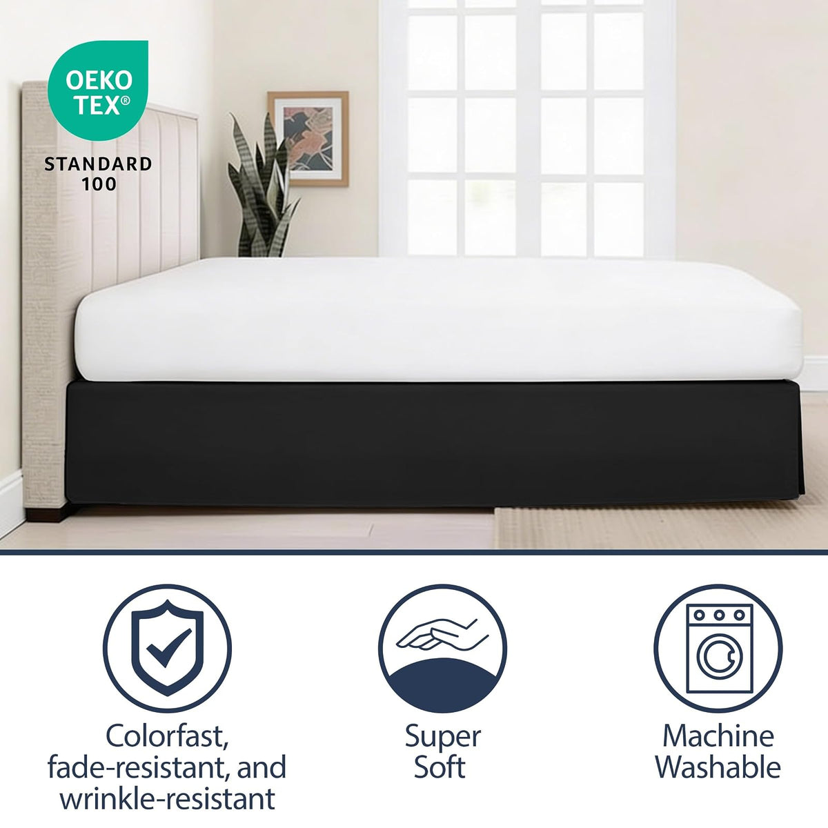 Lux Hotel FRE23614BLAC03 Falda para Cama de Microfibra Básica de 35.56 cm, queen, negro
