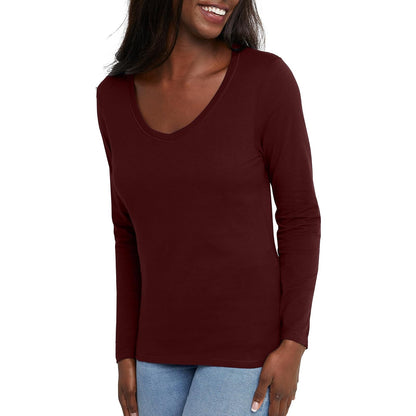 Hanes Playera de Manga Larga Cuello en V para Mujer - Mora - CH