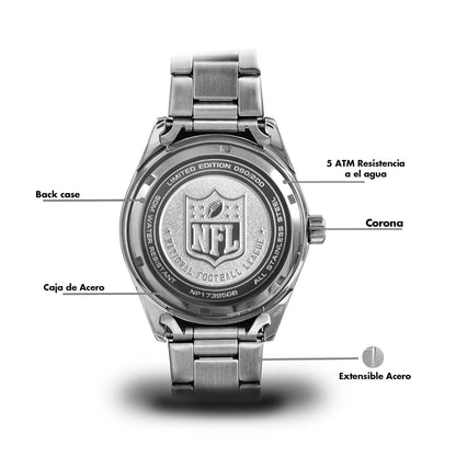 Nivada Swiss Edición Especial Green Bay Packers Reloj para Hombre Extensible de Acero Carátula Negra Indicadores Arábigos Taquímetro Caja 42MM