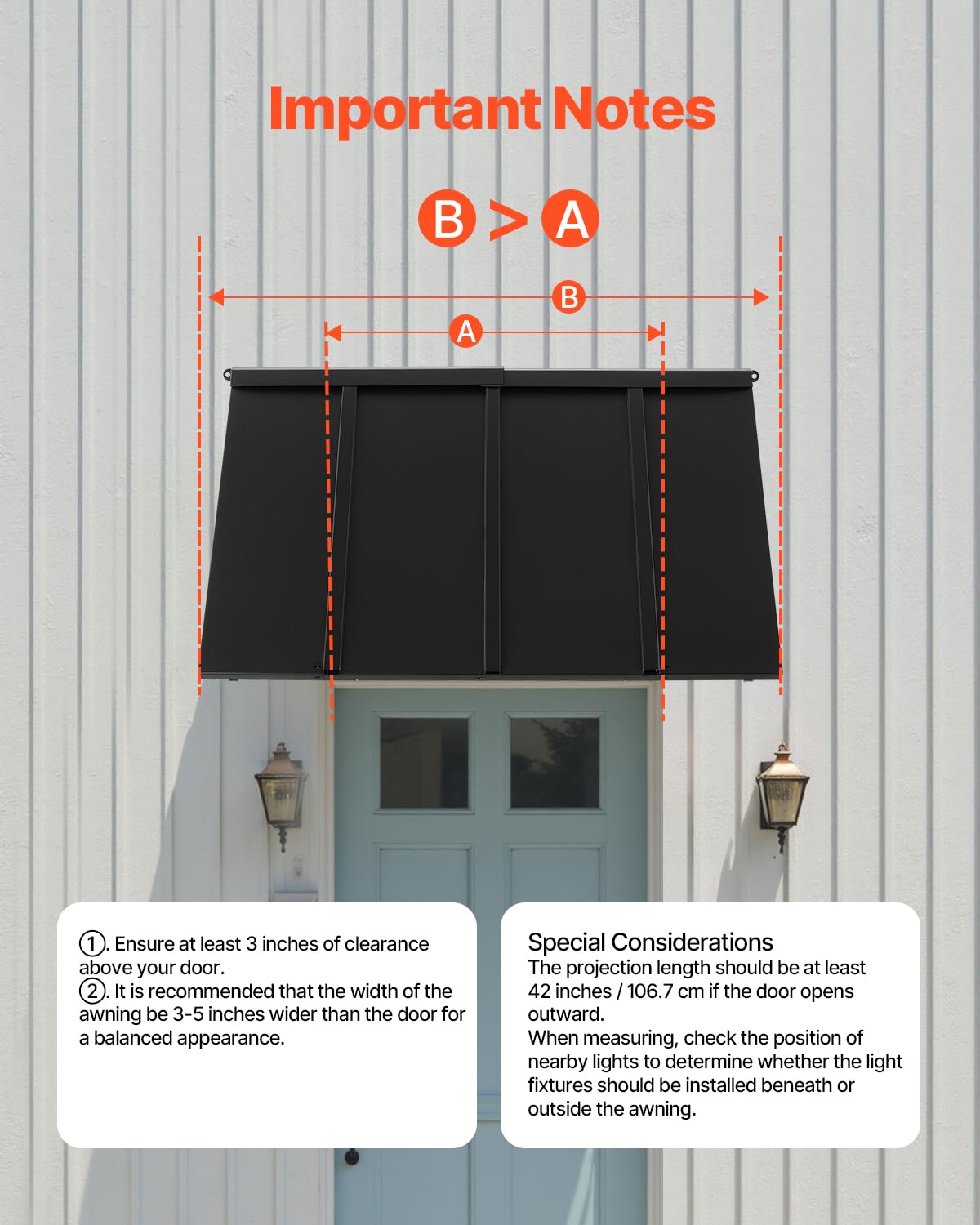 VEVOR Toldo para Exterior, Área de Protección Solar de 1125 x 610 mm Toldo de Acero con Recubrimiento en Polvo Resistente a la Oxidación con Voladizo Compatible para Puerta de 800 mm de Ancho