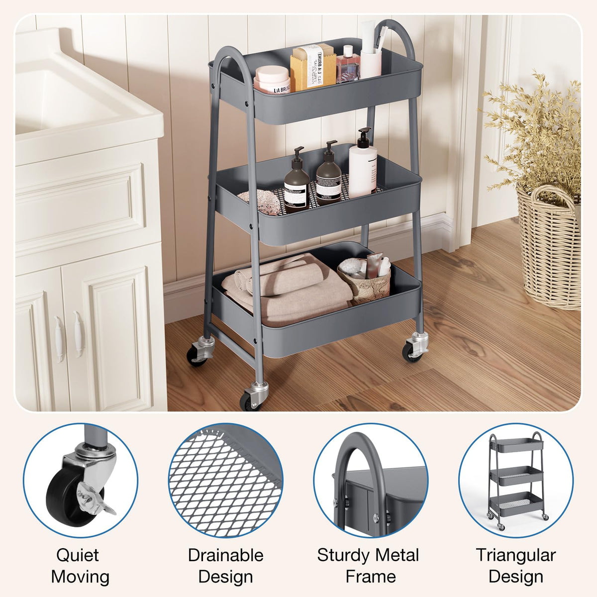 OLIXIS Carrito de Almacenamiento móvil de 3 Niveles, Carro de Almacenamiento móvil de Metal con Ruedas bloqueables, Estante de Almacenamiento Organizador para Sala de Estar, baño, Cocina y Lugares